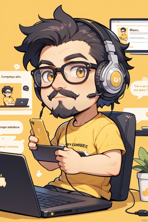  solo,1boy, male focus, solo, headphones, glasses, yellow background, black hair, facial hair, shirt, computer, sitting, english text, yellow shirt, laptop, short sleeves,masterpiece,best quality,very aesthetic,absurdres,chibi