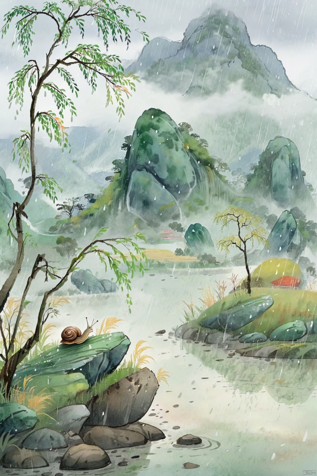  ((masterpiece)), ((best quality)),raining, Fields, side paths, Willow trees, branches, grass, mountains,mist,1 little snail sitting on the rock,looking at the fields,rainforrest raining
, guofeng