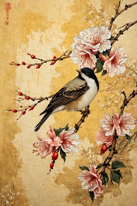  the Plum Blossom ,Begonia flowers with a bird on a branch, traditional Chinese painting light color, fine brushwork, circular composition, background on yellowed rice paper,no text