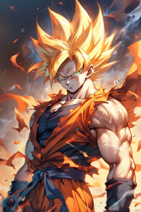  ((best quality)),masterpiece,((ultra-detailed)),illustration,8k wallpaper,((extremely detailed CG unity 8k wallpaper)),(extremely detailed eyes and face),huge filesize,game cg,songoku, male focus, 1boy, solo, dougi, muscular, blonde hair, torn clothes, spiked hair, super saiyan, looking at viewer, serious, dust, arms at sides, pectorals, torn shirt, muscular male, closed mouth, pants, super saiyan 1, smoke, shirt, aura, shaded face, clenched hands, gloves, wristband, frown, sleeveless, standing, blurry,