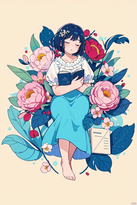  (best quality,masterpiece, original, extremely detailed 8K wallpaper)((absurdres)),(ultra-detailed),(top view)1girl, solo, white background, dress, holding, flower, short sleeves, lying, barefoot, puffy sleeves, puffy short sleeves, book, blue dress, leaf, white flower, pink flower, holding book, floral background, TT, 2D ConceptualDesign, jijianchahua