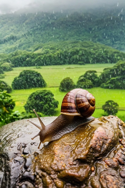  ((masterpiece)), ((best quality)), 1 snail sitting on the rock looking at the farmland and rainforrest raining, 