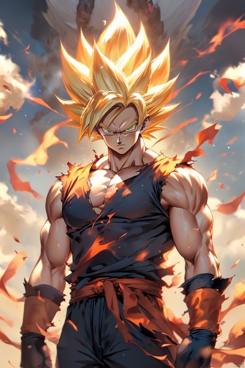  ((best quality)),masterpiece,((ultra-detailed)),illustration,8k wallpaper,((extremely detailed CG unity 8k wallpaper)),(extremely detailed eyes and face),huge filesize,game cg,songoku, male focus, 1boy, solo, dougi, muscular, blonde hair, torn clothes, spiked hair, super saiyan, looking at viewer, serious, dust, arms at sides, pectorals, torn shirt, muscular male, closed mouth, pants, super saiyan 1, smoke, shirt, aura, shaded face, clenched hands, gloves, wristband, frown, sleeveless, standing, blurry,
