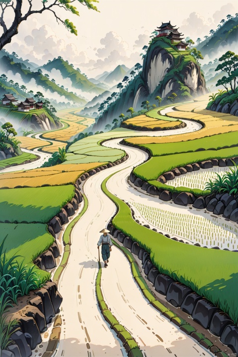  An old farmer Walk the winding roads of the countryside, rice fields, rainy day,There are neat rice seedlings in the field, forest, Hillside, Quiet, Rural area, HD Detail, Hyperdetail, Cinematic, Surrealism, Soft Light, Deep Field Focus Bokeh, Ray Tracing, and Surrealism,cloud,jianzhi, ink wash painting, guohua,山水如画