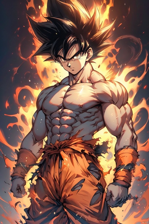 ((best quality)), masterpiece, ((ultra-detailed)), illustration, 8k wallpaper, ((extremely detailed CG unity 8k wallpaper)), (extremely detailed eyes and face), huge filesize, game cg,songoku, male focus, solo, 1boy, aura, muscular, torn clothes, black hair, muscular male, spiked hair, pectorals, pants, wristband, orange pants, abs, topless male, serious, closed mouth, standing, black eyes, clenched hands, torn pants, looking at viewer