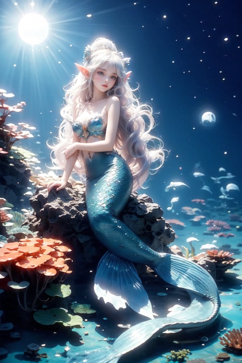  The mermaid, a girl, is at the bottom of the sea at night (a blue moonlight shines on the mermaid princess. The mermaid sits on the reef like an elf: 1.31). It has a beautiful posture, surrounded by sardine, beautiful water plants in the foreground, sparkling corals in the distance, beautiful bubbles, full body photos, ultra wide-angle lens, depth of field, (Real scene, real light and shadow, real photos:1.32), 8k, (masterpiece), photos, wlqc, mermaid,solo,watercolor senery