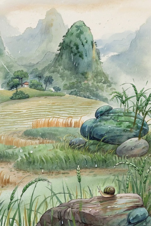  ((masterpiece)), ((best quality)),raining, Fields, side paths,green Wheat, trees, grass, mountains, mist,1 little snail sitting on the rock,looking at the fields,rainforrest raining, guofeng