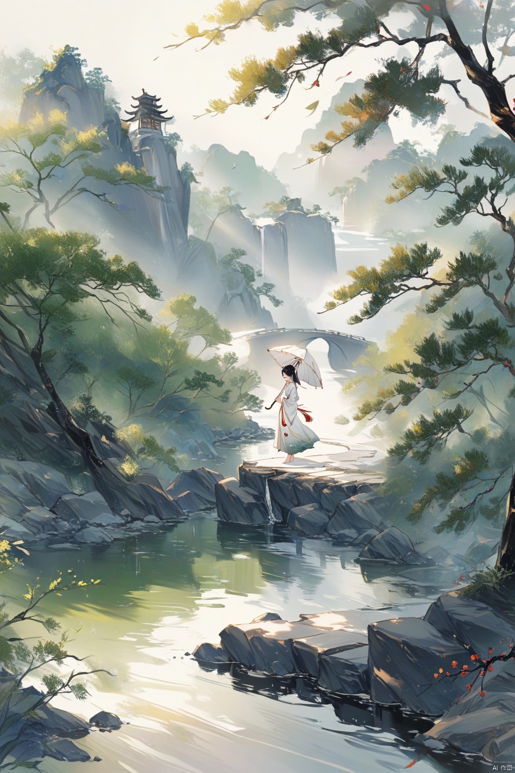  A girl in a white Hanfu stands on the flowing riverbank, holding an umbrella,Illustrated with a romantic river view, soft colors, high resolution, high details, delicate brushstrokes, natural lighting, peaceful atmosphere, ancient China, with a background of green trees, drizzle, high-definition details, depth of field effect, ink painting, texture frosting, diffuse gradient, romantic ancient style, excellent light and shadow, color curves, ananmo, 