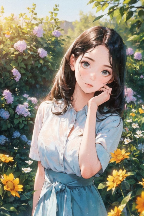  best quality, hyper realism, (ultra high resolution), masterpiece, 8K, RAW Photo,1girl,outdoor,(beautiful face:1.5),see throug,90s, Long hair reaching the waist,In the morning, in the flowers,hide hands behind back, slender waist,Modern and fashionable hairstyle,shirt tucked in,overskirt