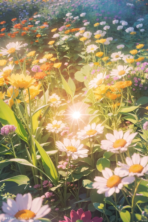  (official art, 8k wallpaper, ultra detailed, High quality, best quality),white flowers ,butterfly,vintage filter,among flowers, sun,Top view,limited_palette,white,fields of flowers, lhj,bright light