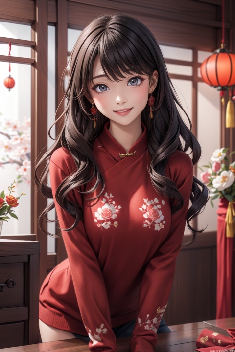  wavy hairwavy hair（（（The eyes are delicate）））,hair adornments,Woman wearing red  sweater,Room filled with Chinese New Year decorations（（Grinning））（（（tmasterpiece）））, （（Best quality））, （（intricately details））, （（hyper realisitc））（8K）