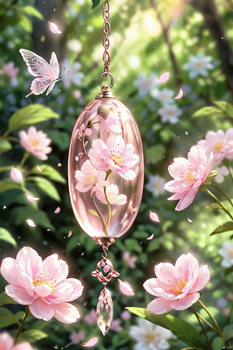  Wind chimes sway with the wind. A delicate pink flower sways gently in the breeze, with petals dancing gracefully like butterflies. The background is a lush garden, with sunlight shining through the leaves and casting mottled shadows. The shooting used a macro lens to capture detailed petal textures and soft colors. The morning scent permeates it, giving people a sense of tranquility and comfort.wrapped in foam, medium and close ups, cozy animation scenes, houtufeng, cozy anime