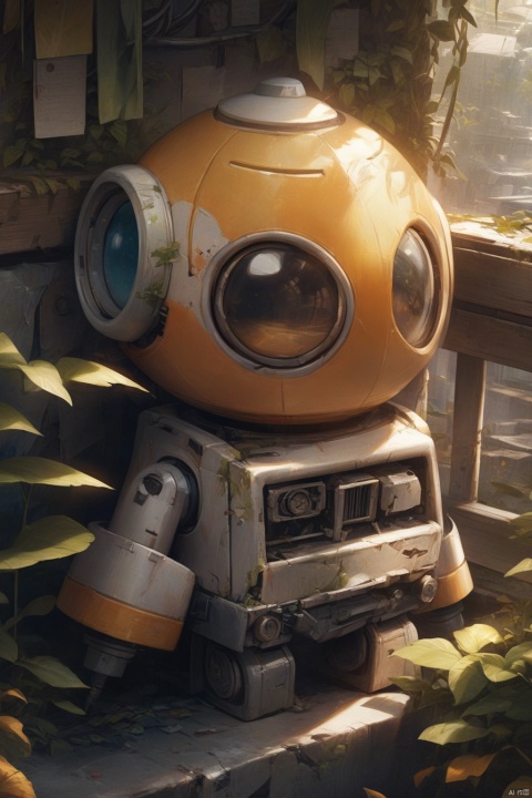 (La best quality,high resolution,super detailed,actual),dilapidated abandoned robot,covered with plants,The sun shines on the robot（ （（sunrise）））,light warm（ （（A masterpiece full of sunshine elements）））, （（best quality））, （（intricatedetails））（8k）