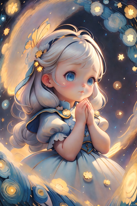  illustration, ((close)),(clasping hands together:1.2),from side,a kawaii girl with long white hair, featuring bangs and captivating blue eyes,white dress,,looking at the sky, a path to dreams,(cartoon:1.2),BREAK,beauty,\ (Van Gogh's starry night\:1.2), dreams, health, art, illustrations,Create a dreamlike starry background, warm and beautiful, abstract and realistic, an extremely delicate and beautiful,extremely detailed,8k wallpaper,Amazing,finely detail,best quality,official art,extremely detailed, CG, unity, 8k, wallpaper , Children's Illustration Style, Scribble,
