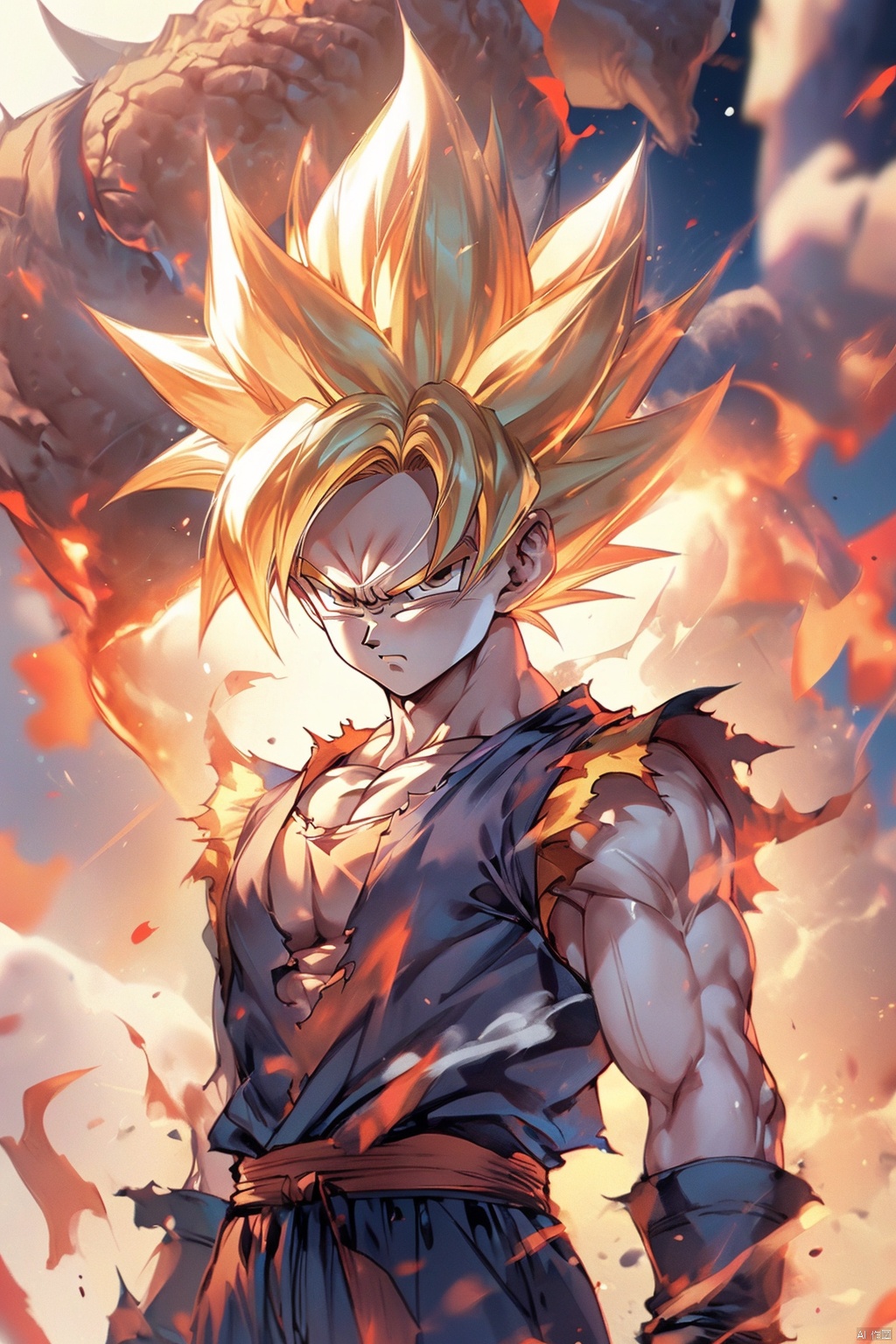  ((best quality)),masterpiece,((ultra-detailed)),illustration,8k wallpaper,((extremely detailed CG unity 8k wallpaper)),(extremely detailed eyes and face),huge filesize,game cg,songoku, male focus, 1boy, solo, dougi, muscular, blonde hair, torn clothes, spiked hair, super saiyan, looking at viewer, serious, dust, arms at sides, pectorals, torn shirt, muscular male, closed mouth, pants, super saiyan 1, smoke, shirt, aura, shaded face, clenched hands, gloves, wristband, frown, sleeveless, standing, blurry,brown eyes