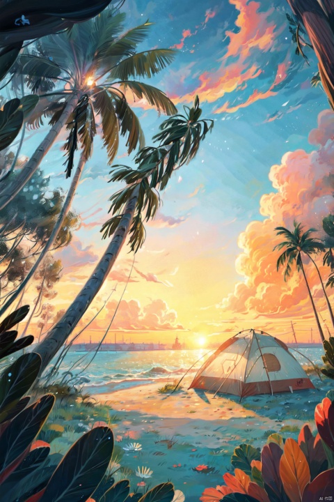 sunset,cloud,beach, camping, palm trees,bonfire,
very detailed , realistic details , light particle effect, excellent work, extremely elaborate picture description,8k wallpaper, obvious light and shadow effects, ray tracing, obvious layers, depth of field, best quality,