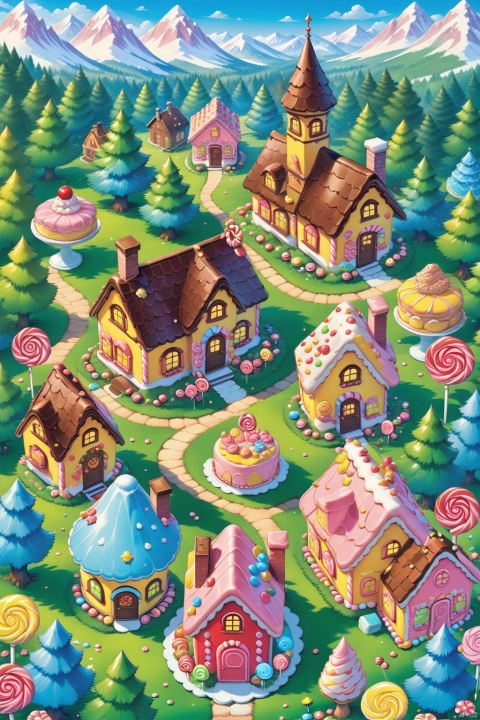  Outdoors, food, trees, no people, Windows, candy, nature, scenery, forest, mountains, house, spring, candy canes, chimneys, pine trees, candy, cakes, chocolate, sandwich cookies, mushrooms, masterpieces, best quality, HD, new trees, tender green grass