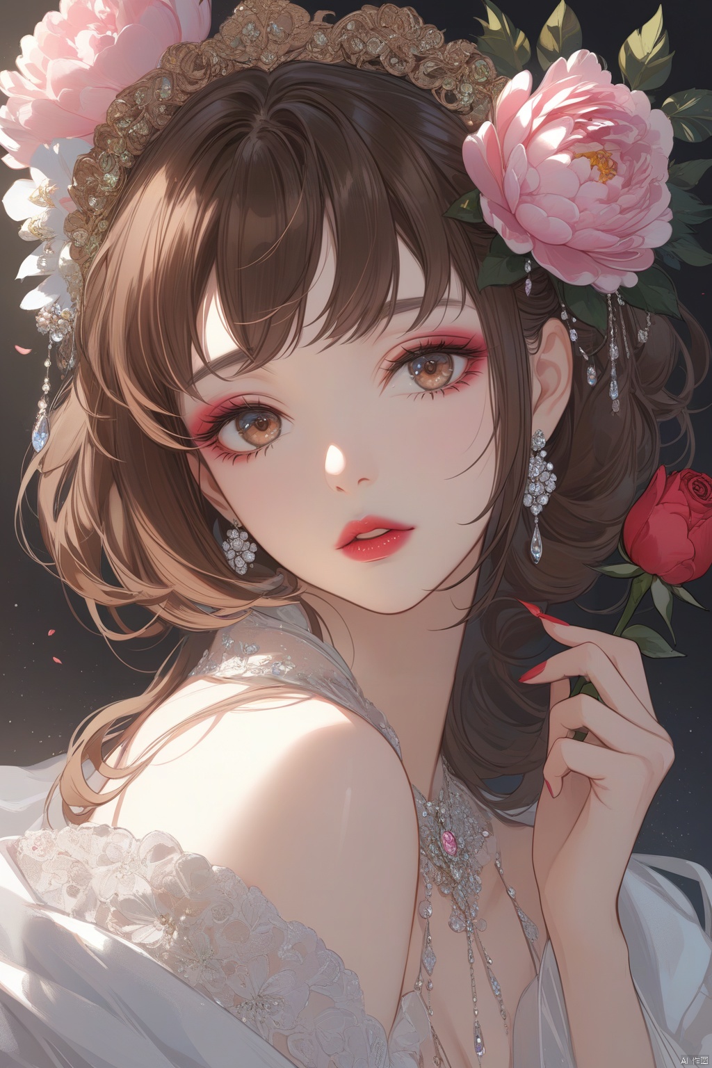  (best quality), ((masterpiece)), (highres), illustration, original, extremely detailed,licg,1girl, solo, flower, hair ornament, rose, makeup, lipstick, brown hair, lips, peony \(flower\)