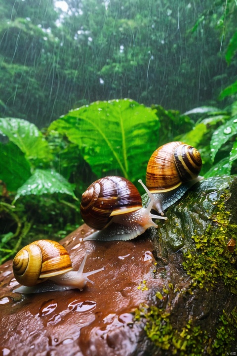  ((masterpiece)), ((best quality)), 1 snails sitting on the rock looking at the rainforrest raining, 