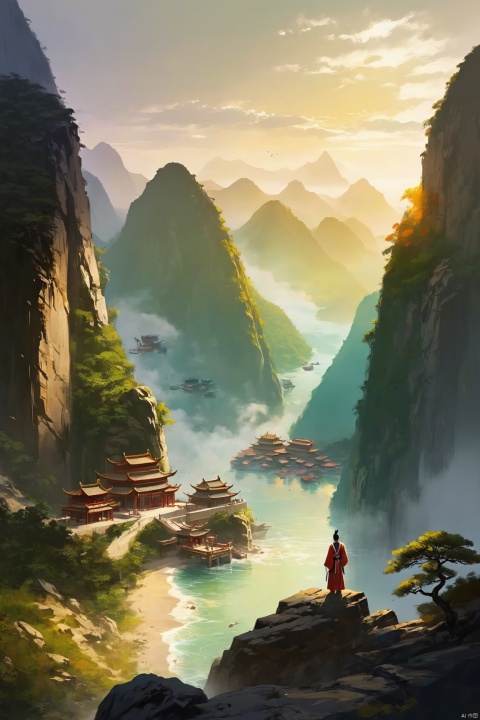  wide shot,(distant perspective View), Chinese Aesthetics,a young man in traditional robe Looking into the distance, a vast and magnificent landscape of mountains and rivers was displayed before his eyes。