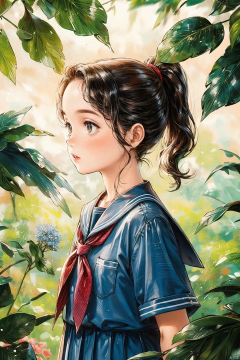  upper body photos of a school girl, ponytail, HD 16K,school ,leaf,plant,dress,flowers,