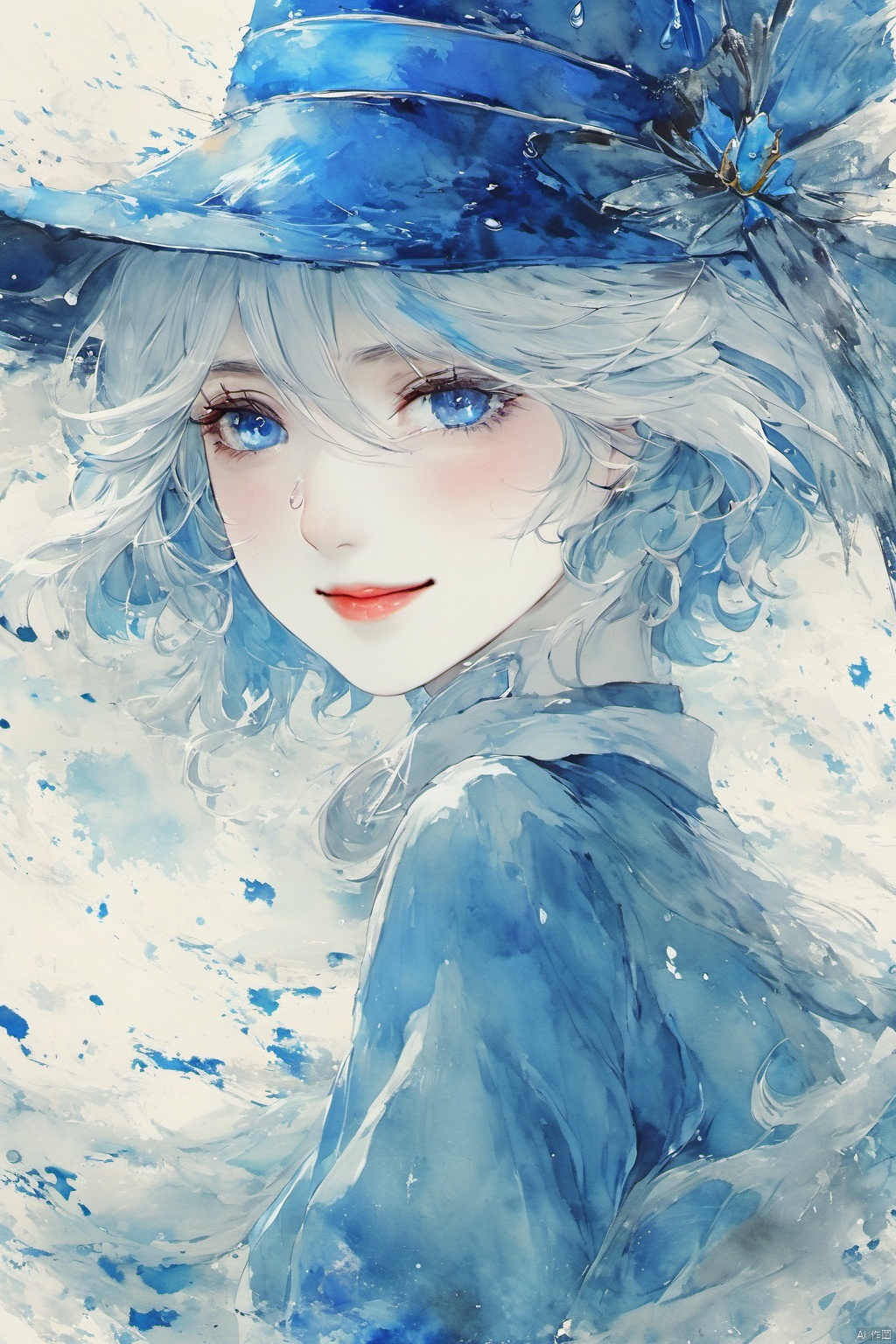  ((masterpiece,best quality)), ink-painting,highres, 1girl, furina, heterochromia, blue hat, tears in eyes, smile, long sleeves, looking back,