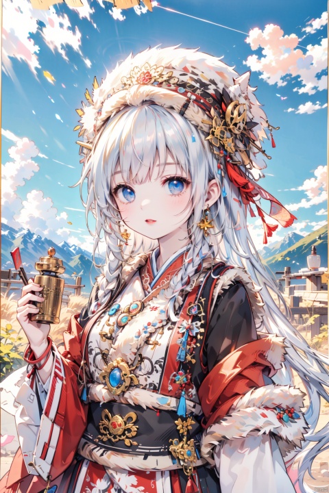  (Masterpiece, top quality, best quality, official art, beauty and aesthetics: 1.2), White Tibetan clothing,1girl, blue sky, cloud, cloudy sky, day, earrings,Plush hat, horizon,Chinese Tibetan clothing,Tibetan Earrings,Silver Tibetan prayer wheel,Tibetan girl , jewelry, lips, mountain, outdoors, parted lips, red lips, sky, solo, upper body,Holding a Tibetan prayer wheel, 8k, crazy details, complex details,