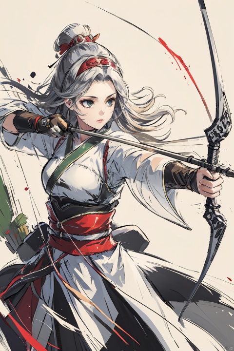  1girl, solo, gloves,long hair, focusing intensely,Hold the iron tire bow with the left hand and draw a bow and shoot arrows, Wearing a jade crown, shining silver armor, and wearing a lion headband. Treading towards the sky with cow tendon boots; Wearing a crimson cloak on her shoulders, carrying a three foot green blade on her waist, coupled with her tall figure and resolute expression,clean white background, loli, 1 girl
