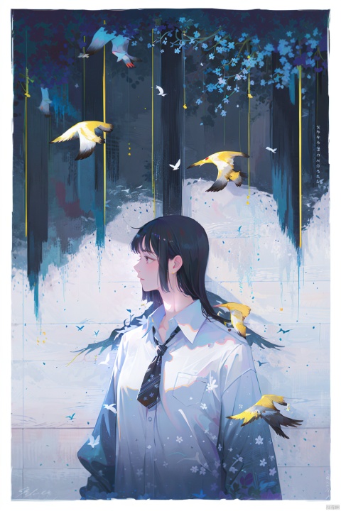  1girl, bird, solo, shirt, necktie, black necktie, white shirt, collared shirt, profile, long hair, upper body, black hair