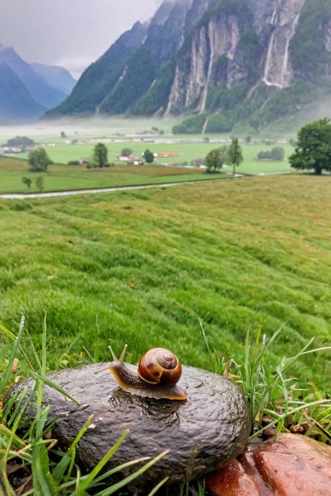  ((masterpiece)), ((best quality)),raining, Fields, side paths, trees, grass, mountains, mist,1 little  snail sitting on the rock,looking at the fields  