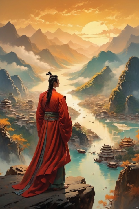 wide shot,(distant perspective View), Chinese Aesthetics,a young man in traditional robe Looking into the distance, a vast and magnificent landscape of mountains and rivers was displayed before his eyes。Frame Centered on Protagonist,