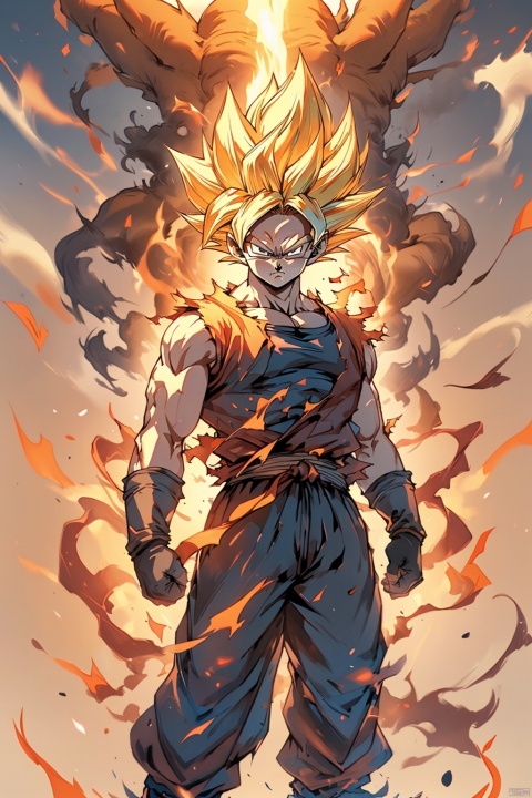  ((best quality)),masterpiece,((ultra-detailed)),illustration,8k wallpaper,((extremely detailed CG unity 8k wallpaper)),(extremely detailed eyes and face),huge filesize,game cg,songoku, male focus, 1boy, solo, dougi, muscular, blonde hair, torn clothes, spiked hair, super saiyan, looking at viewer, serious, dust, arms at sides, pectorals, torn shirt, muscular male, closed mouth, pants, super saiyan 1, smoke, shirt,  aura, shaded face, clenched hands, gloves, wristband, frown, sleeveless, standing, blurry,full body