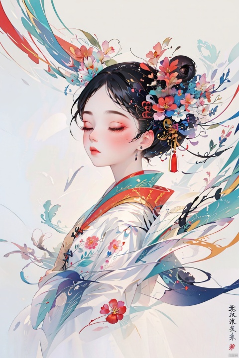 bpwc, 1girl, solo,black hair,closed mouth,closed eyes,flower,eyelashes, makeup,Close up, lea, hanfu,chinese clothes, Ink scattering_Chinese style,no text