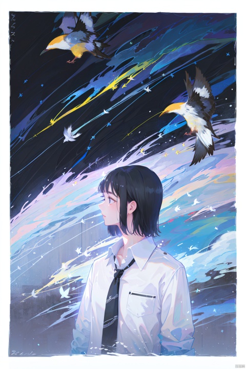  1girl, bird, solo, shirt, necktie, black necktie, white shirt, collared shirt, profile, long hair, upper body, black hair