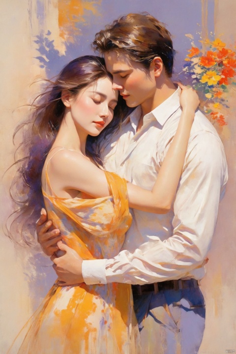 Affectionate embrace, gentle as water, happiness, visual impact and picture impact, bright and full use of colors, bold strokes and smooth lines, passionate body language and posture, dreamlike scenes and light changes of delicate emotional description and depiction, subtle integration of metaphor and symbol, warm colors and light and shadow creation, unique perspective and composition show deep love