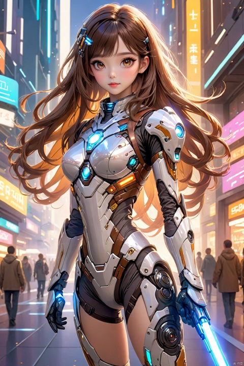  ((masterpiece)),((best quality)),8k,high detailed,ultra-detailed,girl,solo,weapon,firearm,long hair,fingerless gloves,gloves,brown hair,(full body:1.66),looking directly at the camera,(wearing futuristic, light-painted powered exosuit, adorned with glowing circuits, showcasing a mesmerizing iridescent effect),brown eyes,boots,(realism:1.4),smiling,lifelike,intricate details,(science fiction:1.66) lighting effects,rich colors,vibrant colors,ulzzang,
﻿