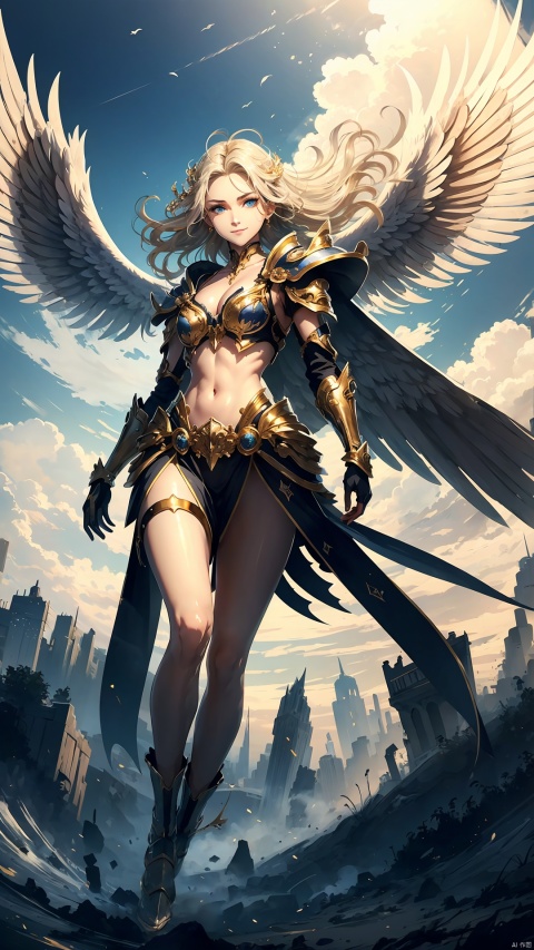  Flying, in the air,(flying in the air:1.1),(only A pair of giant wings:1.1),Masterpiece, Best quality,solo,facing the audience,up close,(full body:1.2),An archangel, flying in the sky, beauty, she has the wings of an eagle, wings spread out in the sky soaring, standard beauty, medium breasts, half-naked upper body, silver armor, thighs exposed, collarbone exposed, nine heads, behind the blue sky and white clouds, a storm is coming, blond hair, long hair, hair fluttering in the wind, blue eyes, big eyes, Beautiful eyes, delicate features, thin waist, bare navel, smiling expression, ready to dive down, feathers flying in the sky, the sun beating down on the earth,Beautiful face, delicate features, beautiful face,Suspended in the air, feet off the ground,The sun shone on her face,