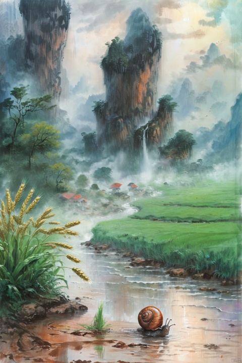  ((masterpiece)), ((best quality)),raining, Fields, side paths,green Wheat, trees, grass, mountains, mist,1 little snail sitting on the rock,looking at the fields,rainforrest raining
, guofeng, Illustration