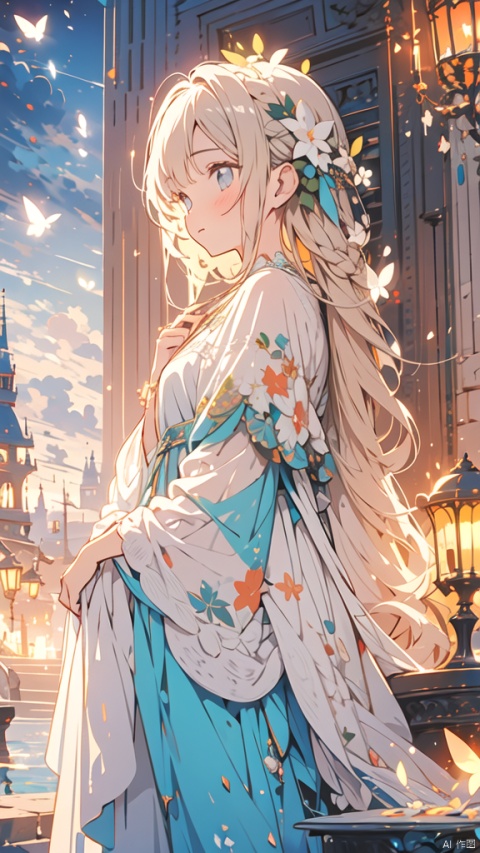  masterpiece,best quality,intricate detailed,glowing butterfly,1girl,from left side,long hair,blonde hair,whitedress