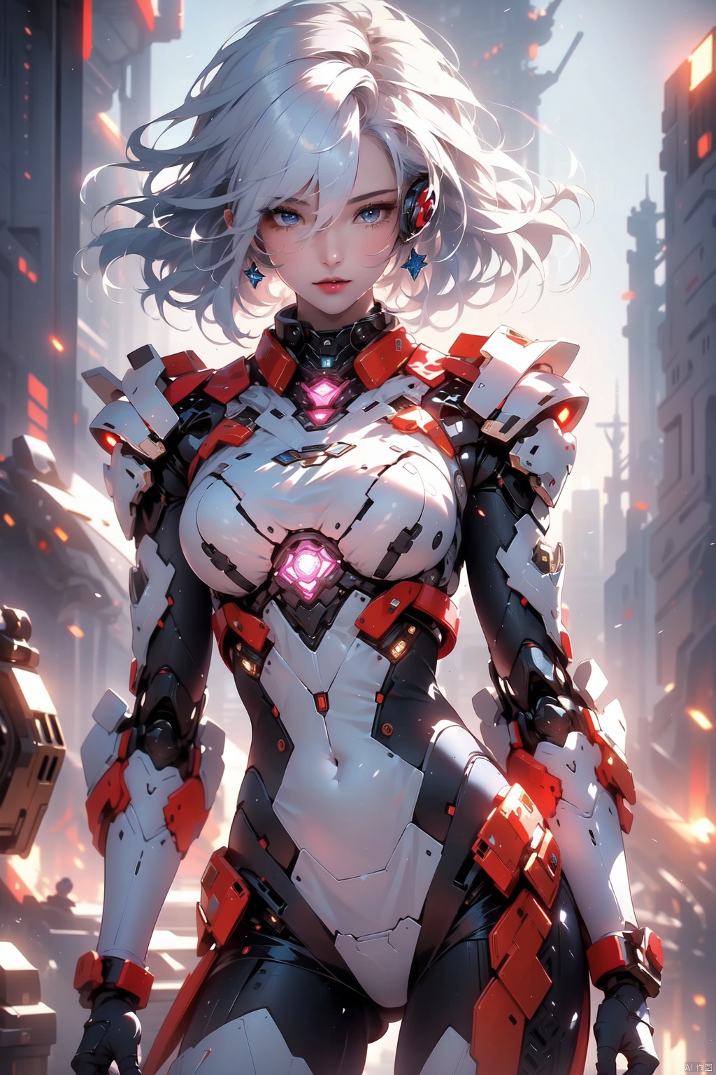  1 girl, frontal,blue eyes, white hair blowing in the wind, hands open, giant mecha warrior standing next to her, science fiction novel, mechanical armor, metallic luster, electroplating, clothing logo, Mars, spacecraft, floating cannon, hexagonal, (from bottom: 1.2), glow, backlight, (background blurry: 1.2) movie lighting, low illumination, VHS style, (masterpiece: 1.3), (best quality: 1.1), complex details, (Surrealism: 1.1), (Realistic details: 1.1), High level of detail, (The text on the cover should be bold and eye-catching, partially hidden behind the characters, with magazine titles and eye-catching titles: 1.4), Superview, Wide angle. Dynamic pose, lighting_ Stance, wide-angle lens