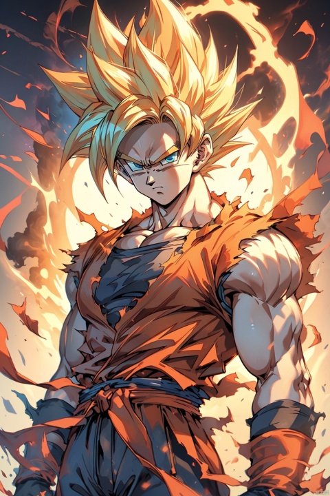 ((best quality)),masterpiece,((ultra-detailed)),illustration,8k wallpaper,((extremely detailed CG unity 8k wallpaper)),(extremely detailed eyes and face),huge filesize,game cg,songoku, male focus, 1boy, solo, dougi, muscular, blonde hair, torn clothes, spiked hair, super saiyan, looking at viewer, serious, dust, arms at sides, pectorals, torn shirt, muscular male, closed mouth, pants, super saiyan 1, smoke, shirt, blue eyes, aura, shaded face, clenched hands, gloves, wristband, frown, sleeveless, standing, blurry, 