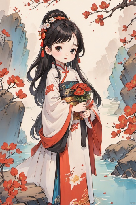  (Masterpiece), (Best Quality), a little girl around 10 years old, Red Cliff, very cute and beautiful, with black hair and exquisite hair accessories, dressed in Chinese clothing,holdingflowers,,小心思,keaiduo,古风少女书签