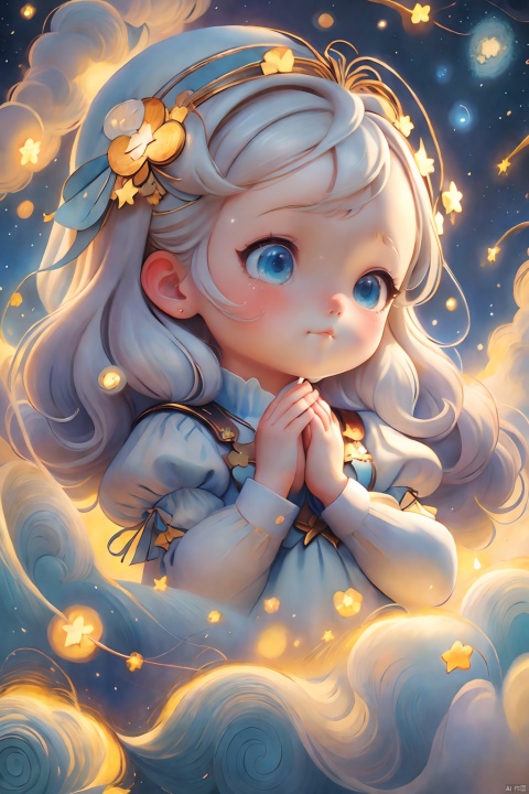  illustration, ((close)),(clasping hands together:1.2),from side,a kawaii girl with long white hair, simle,featuring bangs and captivating blue eyes,white dress,,looking at the sky, a path to dreams,(cartoon:1.2),BREAK,beauty,\ (Van Gogh's starry night\:1.2), dreams, health, art, illustrations,Create a dreamlike starry background, warm and beautiful, abstract and realistic, an extremely delicate and beautiful,extremely detailed,8k wallpaper,Amazing,finely detail,best quality,official art,extremely detailed, CG, unity, 8k, wallpaper , Children's Illustration Style, Scribble,
