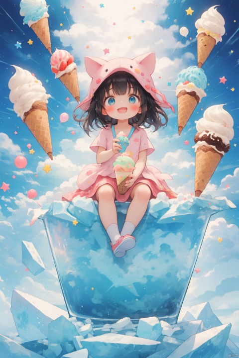  masterpiece,a girl sits cross-legged in the middle of a large ice cream sundae bowl, multi-colored scoops of ice cream piled high around her, swirls of vivid pistachio, strawberry and mint chip sauce drizzle down the sides, a menagerie of ice cream balloons in rainbow hues float around her, caught mid burst, the little girl gazes into the distance with dreamy expression, captivated by her sugary wonderland, captured with wide angle telephoto lens to show huge scale of ice cream bowl relative to tiny subject, washed in warm pastel colors that glow against the rich cobalt of her hair,1girl