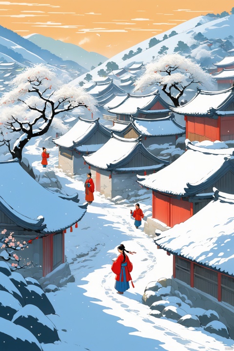  Thick Tu Guomang, Feng Zikai, textbook illustrations, children's illustrations, Northeast Snow Village, with heavy snowfall,plum blossom, children playing with snow, villages, elegant and simple, novel illustration style, depicting rural life, warm scenes, children's book illustrations, official art, digital painting, fine character portrayal, clear facial features, complete fingers, perfect composition, concept art