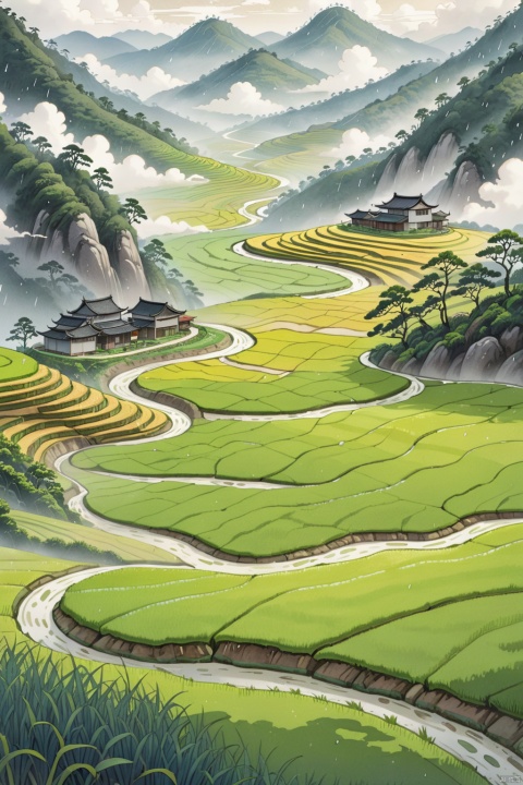  An old farmer Walk the winding roads of the countryside, rice fields, rainy day,There are neat rice seedlings in the field, forest, Hillside, Quiet, Rural area, HD Detail, Hyperdetail, Cinematic, Surrealism, Soft Light, Deep Field Focus Bokeh, Ray Tracing, and Surrealism,cloud,jianzhi, ink wash painting, guohua,山水如画, chinese meticulous ink