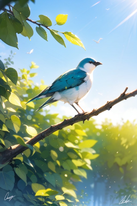  no_humans, bird, signature, blurry, blue_sky, sky, outdoors, scenery, depth_of_field, leaf, day, blurry_foreground, branch