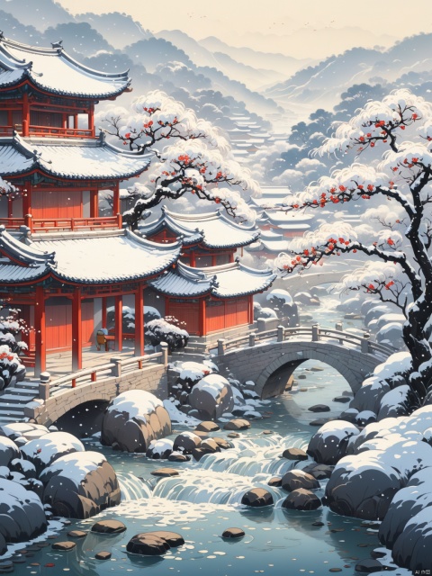  Thick painted national cartoons, textbook illustrations, Feng Zikai, Eastern poetry and painting, cold tone,snowing, plum blossom,large scenes, murmuring streams, white tones, delicate visuals, gentle brushstrokes, distant view of rural courtyard, farmer paintings, high-quality, masterpiece, perfect composition,