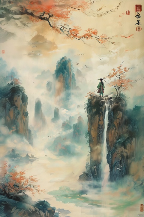  Drone View. An ancient Chinese cultivator walks among many undulating scrolls of calligraphy and paintings. The scrolls are covered with calligraphic characters. He is holding a long sword and wearing a flowing silk Chinese dress with long hair flowing in the wind ::3 3D rendering of a Chinese ink painting scene. Pale gold and emerald green. The scene looks grand in scale from above. Clear light and shadow, subtle starlight floating in the sky, creating a dreamy surreal atmosphere. Ultra-high resolution, the overall composition is very artistic and spatial. Brushstrokes, soft flow, history painting, 3D rendering