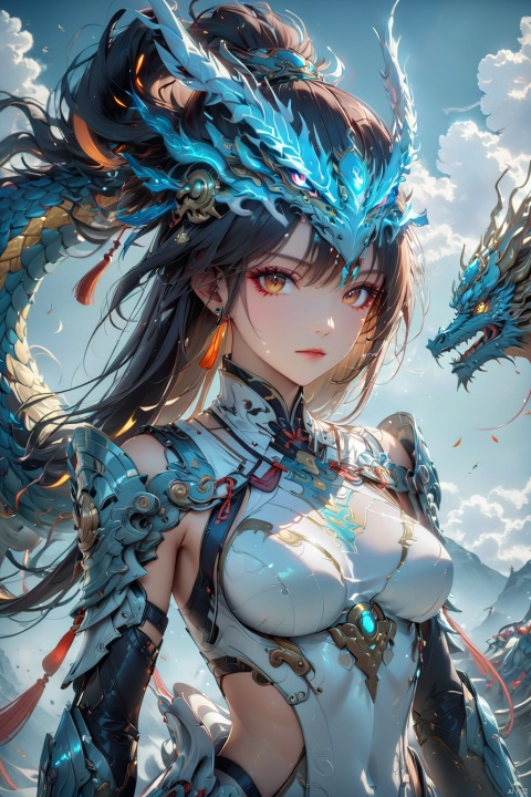  32K ultra-high resolution,1girl,full-body portrait of a classical female mech-warrior,seamlessly integrating Tang Dynasty armor with futuristic elements,embellished with luminous Yunlong (cloud dragon) and Taotie (beast face) motifs,constructed with advanced sci-fi materials,rendered in Unreal Engine for hyperrealistic detail,blending realism with surrealistic touches,